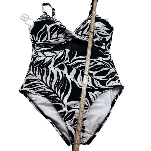 Womens One-Piece Black & White Tropical Leaf Print Swimsuit With Adjustable Stra - Picture 3 of 8